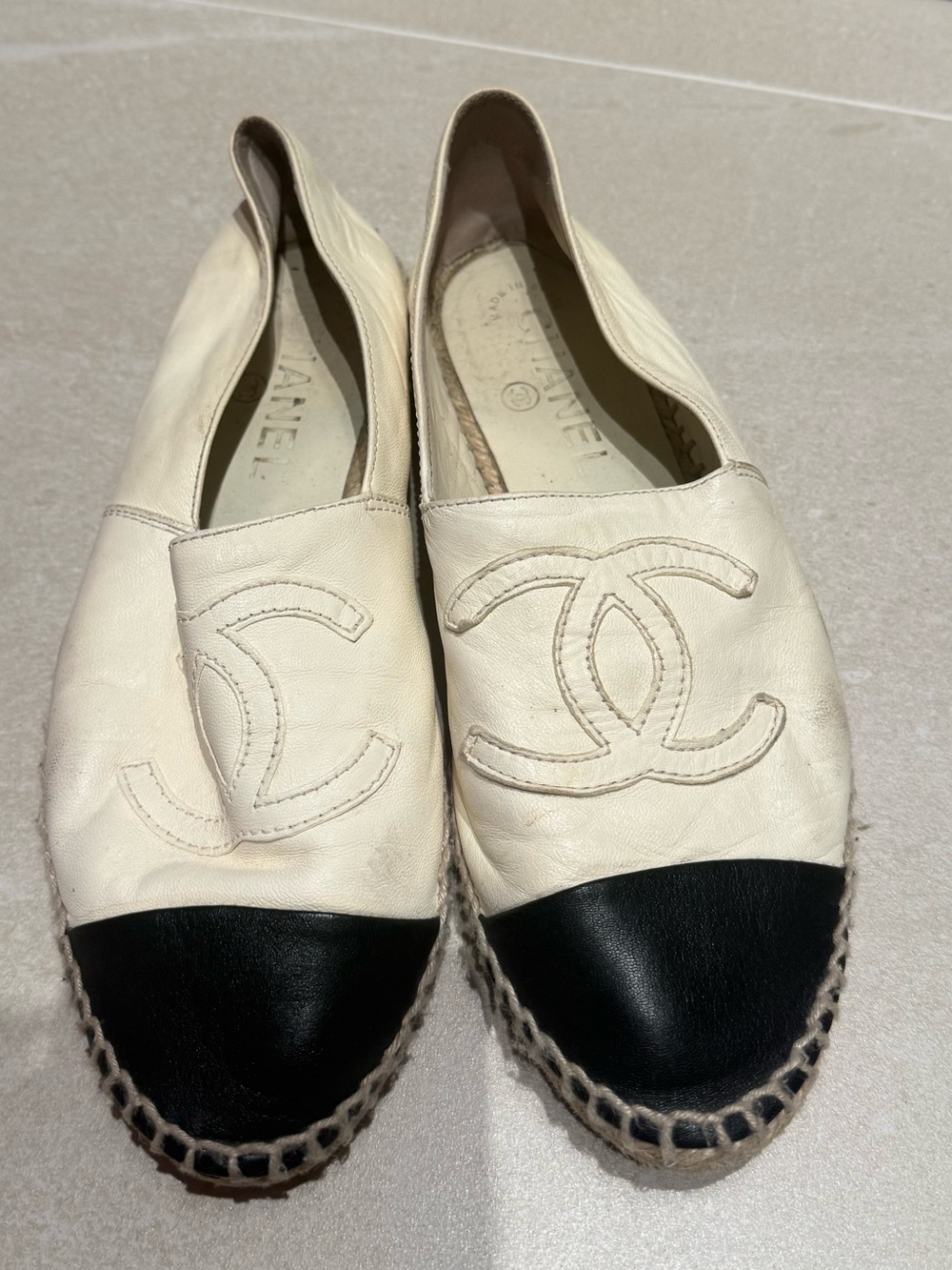 CHANEL Two-Tone Leather Espadrilles in Cream and Black
